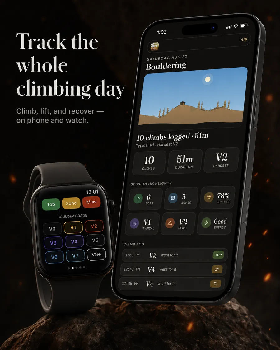 A session summary on iPhone beside the boulder grade grid on an Apple Watch.