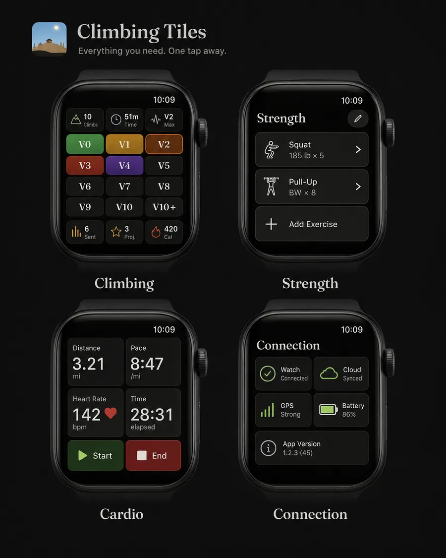 Climbing, Strength, Cardio and Connection screens from the Climbing Tiles Apple Watch app.